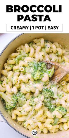 broccoli pasta is being cooked in a skillet