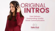 a woman holding a cell phone up to her ear with the words original infos on it