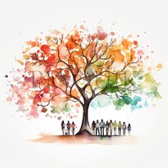 a group of people standing under a colorful tree