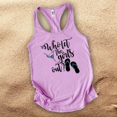 Girls weekend drinking tank/ margarita beach tank/ girls trip summer vacation girls night out shirts featuring Who let the girls out with a margarita and flip flops in pearl metallic teal. The great athletic properties of this super soft cotton/poly tank top is sure to become your favorite tank. • 60% combed ringspun cotton, 40% polyester lightweight jersey• fabric laundered for reduced shrinkage • Racer back detail Fun Sleeveless Beach Tank Top, Pink Tank Top For Beach Season, Pink Tank Top For Vacation, Pink Summer Tank Top For Vacation, Summer Tank Top For Vacation, Fun Sleeveless Vacation Tank Top, Trendy Sleeveless Tank Top For Vacation, Racerback Tank Top For Beach Season Vacation, Racerback Tank Top For Beach Vacation