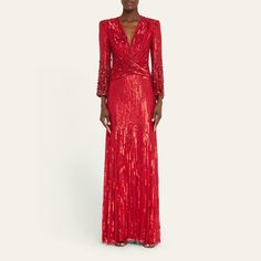 Jenny Packham "Cosmos" gown with tonal sequin and crystal embellishment V neckline Long sleeves Full length Sheath silhouette Back zip Polyester self/lining Dry clean Imported Gown Gold, Long Sleeve Evening Dresses, Embellished Gown, Shimmer And Shine, Sequin Gown, Jenny Packham, Crystal Embellishment, Bergdorf Goodman, V Neckline