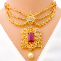 Royal Vintage 22k Gold Polki Necklace Set Elegant Ruby Kundan Necklace With Intricate Design, Elegant Kundan Necklace With Ruby And Intricate Design, 22k Yellow Gold Kundan Necklace With Stone Work, Gold Chandbali Bridal Necklace With 17 Jewels, Exquisite Gold Kundan Bridal Necklace, Heavy Gold Necklaces For Reception, Opulent Gold Bridal Necklace For Wedding, Elegant Ruby Bridal Necklace For Ceremonial, Elegant Heavy Kundan Necklace In Yellow Gold