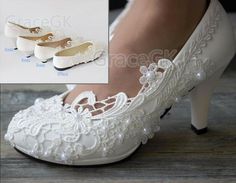 white bridal shoes with lace and pearls