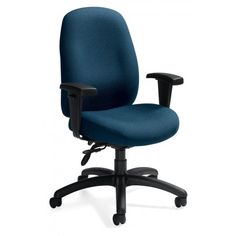 a blue office chair with arms and legs