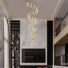 an elegant living room with marble walls and flooring, chandelier above the fireplace