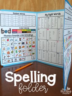 an open book with words and pictures on it that are spelling folders for students