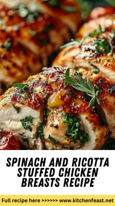 Discover a delicious Spinach and Ricotta Stuffed Chicken Breasts recipe. Tender chicken filled with creamy ricotta and fresh spinach, baked under marinara sauce and melted mozzarella. Perfect for any occasion! Spinach And Ricotta Stuffed Chicken, Pesto Mozzarella Stuffed Chicken Breast, Spinach And Feta Chicken Rolls, Rolled Stuffed Chicken Breast, Spinach And Ricotta Recipes, Stuffed Chicken Breast Recipes Baked, Chicken Breast Recipes Stuffed, Stuffed Baked Chicken, Chicken Breast Stuffed With Spinach