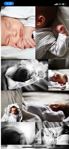 multiple images of a baby sleeping on a bed