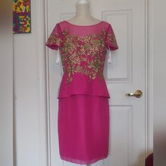 Holiday Price Drop .Beautiful Special Occasion/ Holiday/ Office Party Dress. Hot Pink, Gold Applique, Sheer Upper Body, Hidden Back Zipper. Lined, Self Bra, No Stretch. Nwt Fits 10/12 Best. Smoke Free, Pet Free Home. Your Purchased Will Be Packed In A Clean Sanitized Environment. Thanks For Shopping! Festive Peplum Dress With Ruffles, Festive Ruffled Peplum Dress, Festive Pink Ruffled Dress, Pink Short-sleeved Evening Dress For Wedding, Pink Short Sleeve Evening Dress For Wedding, Fitted Peplum Dress For Party, Fitted Pink Evening Dress With Ruffles, Pink Dressy Dress For Formal Occasions, Elegant Pink Dress For Party Season