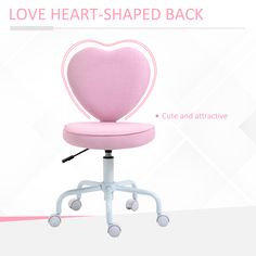 an office chair with a heart shaped back and casteor wheels on the front, shown in pink