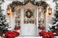 christmas wreaths and poinsettias on the front door of a house decorated with lights