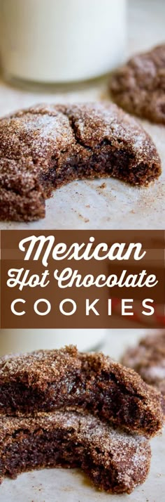 mexican hot chocolate cookies are cut in half and stacked on top of each other with the words, mexican hot chocolate cookies