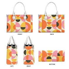 • Elevate your style with our retro style 60s Space Age Opt Art Handbag, a chic fusion of mod and vintage aesthetics inspired by the iconic designs of the 60s.• This Mod 60s Handbag features a mesmerizing geometric opt art pattern print in vibrant shades of orange, pink, yellow, and black, adding a bold and artistic touch to any outfit.• Crafted from premium PU leather, this Retro Handbag Women boasts an exquisite zipper closure and comes with a removable strap for added versatility.• Available in three sizes - small, medium, and large - and with two handle options in black and white, this 60s Style Handbag offers both style and practicality for every occasion.**Designed in California by Trendy Hip Buys. Made to order from overseas. Retro Rectangular Shoulder Bag With Large Capacity, Retro Large Capacity Rectangular Shoulder Bag, Retro Handheld Box Bag, Vintage Crossbody Box Bag For Shopping, Vintage Box Bag With Removable Pouch For Shopping, Retro Satchel Bag With Removable Pouch, Retro Rectangular Bag For Everyday Use, Retro Bags With Removable Pouch For Daily Use, Retro Rectangular Shoulder Bag For Daily Use