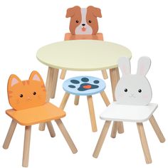 three children's table and chairs with animals on them