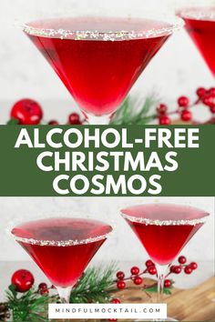 three glasses filled with red alcohol and topped with cranberry sauce, garnished with christmas greenery