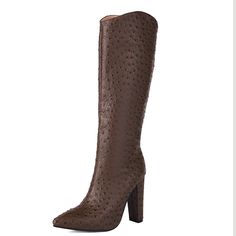 Shop Women's Coffee-brown Animal Printed Pointed Toe Chunky Heel Knee High Boots color Brown for Hanging out, Night Club, Party with worldwide Free shipping & Free return.