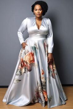 Xpluswear Design Plus Size Formal Silver Floral V Neck Long Sleeve Pocket Satin Maxi Dresses - Xpluswear Grandmother Of The Groom Dress, Wedding Dresses Guest Fall, V Neck Dress Outfit, December Wedding Guest Outfits, Plus Size Formal Dresses For Wedding, Latest Material Gown Styles, Winter Maxi Dress Outfit, Dresses For Curvy Women, Materials Gown Style