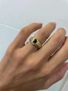 Vintage Sapphire Ring - 0.4CT Oval Natural Sapphire, 18k Yellow Gold, Estate Ring, Antique jewelry, Diamond Pave Ring, gold vintage ring Jewelry Yellow Gold 18k  (the gold has been tested by a professional) Total Carat Weight: 0.6ct (Approx.) Total Metal Weight: 4.35g Size:6.25 US  / Diameter 16.71 mm (inner diameter) Vintage Thick Band Engagement Ring, Cognac Engagement Ring, Saphire Engament Ring Set Vintage, Saphire Engament Ring Gold Band, Vintage Rings Antiques, Unique Engagement Rings Vintage Antiques, Grad Rings, Black Stone Engagement Ring, Graduation Rings College