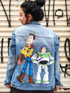 Woody and Buzz handpainted jacket Painted Jeans Disney, Disney Denim Jacket Painted, Disney Princess Denim Jacket, Trendy Fitted Hand-painted Denim Jacket, Disney Jacket, Artistic Fitted Hand-painted Denim Jacket, Diy Jeans, Woody And Buzz, Painted Clothes Diy