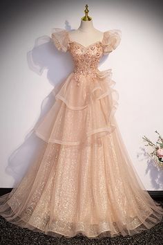 10% off now|Buy champagne tulle with bling ruffled prom dress with beadings at cheap price online. Free stable shipping and pro custom service since 2009. Coming Of Age Ceremony, Champagne Formal Dresses, Prom 2025, Purple Wedding Dress, Dress Champagne, Floor Length Prom Dresses, Color Wedding, Fairytale Dress, Color Champagne