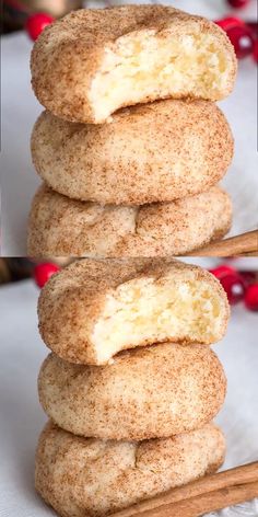 cinnamon sugar donuts stacked on top of each other with cinnamon sticks in front of them