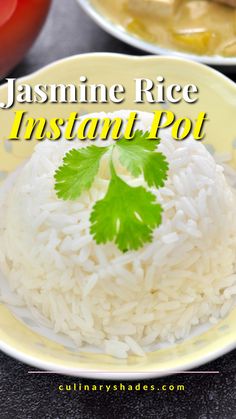 a close up of a plate of rice and vegetables with the words jasmine rice instant pot