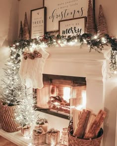 a fireplace decorated for christmas with lights and presents