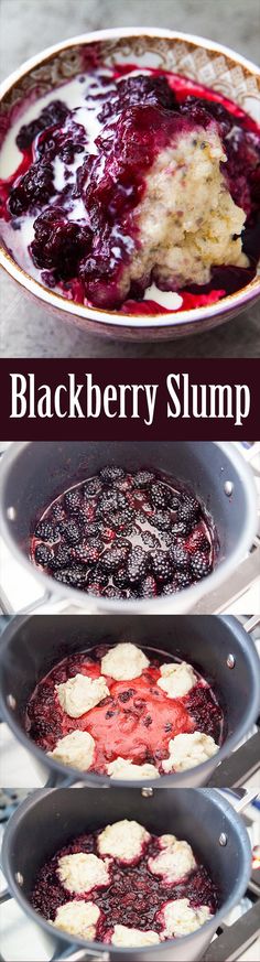 three pans filled with blueberry slushp on top of a stove