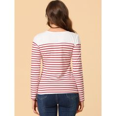 This contrast stripe T-shirt is a classic style for daily life. This piece is contrasted with a color block to fulfill your style statement from a boring all-over stripe top. It's cut from soft fabric that makes you feel comfortable day to night. These casual striped t-shirts match jeans, pants, skirts, or leggings freely, and they are perfect for daily wearing. Stripe Blouse, Stripe T Shirt, Stripe Top, Casual Stripes, Long Sleeve Tee Shirts, Hem Style, Basic T Shirt, Striped Fabrics, Women's T Shirts