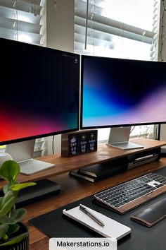 Standing Desk Setup Window Facing Desk, Desk Setup In Front Of Window, Desk Facing Door, Desk Setup Dual Monitor, Desk Facing Window, Minimalist Home Office Ideas, Work Office Makeover, Dual Setup, Apple Studio Display