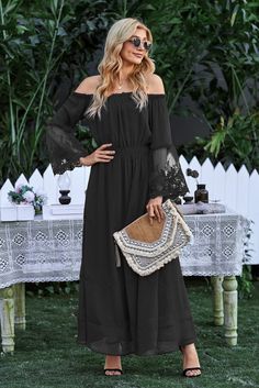 Black Off Shoulder Embroidered Flared Sleeve Lace Maxi Dress Black Off-shoulder Maxi Dress For Spring, Black Off-shoulder Midi Dress For Spring, Black Long Sleeve Maxi Dress For Summer, Casual Black Dress With Lace Patchwork, Black Lace Patchwork Maxi Dress For Summer, Black Lace Patchwork Dress For Spring, Black Maxi Dress With Lace Patchwork For Summer, Off-shoulder Black Maxi Dress For Fall, Black Off-shoulder Maxi Dress For Fall