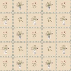 a checkered table cloth with flowers and vases on it in pastel colors