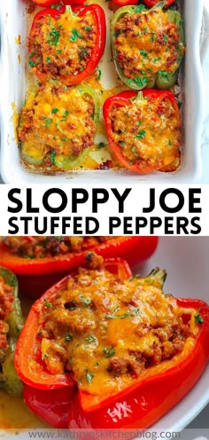 an image of stuffed peppers in a casserole dish with text overlay that reads sloppy joe stuffed peppers