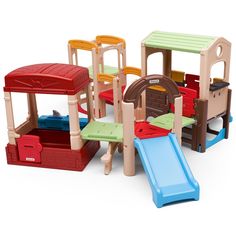 children's wooden play set with slide and sandbox