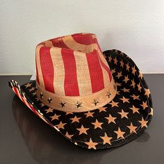 American Flag Hat. Brand New. Cowboy Hat Adjustable American Hat With Curved Brim, American Style Adjustable Hat With Curved Brim, American Style Curved Brim Hat, One Size, American Style Curved Brim Hat, Patriotic Adjustable Curved Brim Hat, Patriotic Adjustable Hat With Curved Brim, Adjustable Patriotic Hat For Rodeo, Adjustable Americana Hat With Short Brim, Adjustable Americana Hat For Rodeo