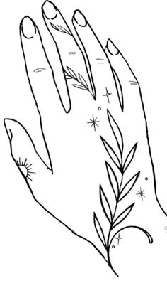 a black and white drawing of a hand with leaves on it