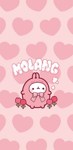 a pink wallpaper with hearts and the words molang on it