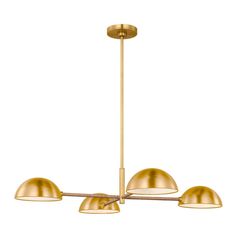 three lights are hanging from the ceiling in an industrial style fixture with brass fixtures and shades