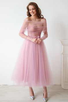 Mademoiselle Tea Length Tulle Midi Dress | Jewelclues Long Sleeve Tea Length Dresses, Blush Pink Tea Length Dress, Dreamy Tulle Dress, Tulle Midi Dress Formal, 50s Tulle Dress, Long Flowy Sleeve Dress, Ballerina Length Dress, Blush Pink Tulle Dress, Cocktail Midi Dress With Sleeves