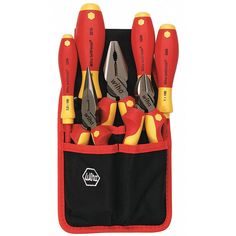 an assortment of tools in a pouch on a white background