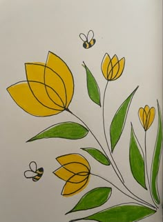 a drawing of yellow flowers and bees on a white background