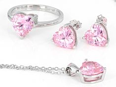 Bella Luce ® pink diamond simulants 10.44ctw heart, rhodium over sterling silver heart earrings, ring, and pendant with chain. Earrings measure approximately 0.31"L x 0.19"W and have pushback backings. Ring measures approximately 0.75"L x 0.31"W and is not sizable. Pendant measures approximately 0.56"L x 0.31"W and has an 18" cable chain with a spring ring closure. The diamond equivalent weight is 6.84ctw. Fine Jewelry Heart Cut For Valentine's Day, Valentine's Day Heart Cut Fine Jewelry, Sterling Silver Jewelry With Prong Setting For Valentine's Day, Heart-shaped Cubic Zirconia Jewelry For Valentine's Day, Heart-shaped Cubic Zirconia Jewelry With Gemstones, Heart Shaped Cubic Zirconia Jewelry With Gemstones, Silver Heart-shaped Jewelry Sets For Anniversary, Sterling Silver Heart Jewelry Sets For Anniversary, Silver Heart Jewelry Sets For Anniversary