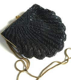 Vintage Black Beaded Clasp Scalloped Clam-shell  Cocktail/Evening Clutch or Shoulder Bag Antique Beaded Evening Bag, Vintage Black Evening Bag For Party, Vintage Black Beaded Evening Bag, Black Beaded Evening Bag, Beaded Clasp, Vintage Evening Bags, Beaded Evening Bags, Old Fashioned Cocktail, Vintage Purses