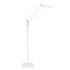 a white desk lamp with a dim light on the top and one arm extended to the floor