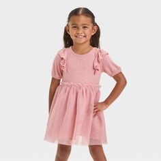 Your darling will look super cute and adorable by wearing the Short-Sleeve Tulle Dress from Cat & Jack™. This short-sleeve dress features ruffles on the shoulders and a mesh overlay below the waist for a sweet look. Tailored from soft fabric blend, this knee-length dress offers comfort all day. Cat & Jack™: Designed for all children so you can trust it's made for yours. Long Sleeve Print Dress, Mesh Overlay, Toddler Girl Outfits, Girls Long Sleeve, Dress Romper, Tulle Dress, 1st Bday, Knee Length Dress, Rose Pink