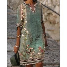 Straight Clothes, Printed Casual Dresses, Midi Shift Dress, Dress Sleeve Styles, Shift Dresses, Mini Robes, Green Midi Dress, Long Sleeve Floral Dress, Vestido Casual