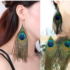 Gorgeous Unique Peacock Feather Dangle Drop Earrings Face Outline, Peacock Feather Earrings, Peacock Jewelry, One Earring, Beauty Crafts, Peacock Feather, Feather Earrings, Season Colors, Style Boho