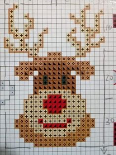 a cross stitch pattern of a reindeer with red nose