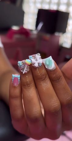 Cute Duck Nails With Charms, Short Duck Junk Nails, Short Duck Nails With Charms, Shirt Duck Nails, Nail Ideas Duck Nails, Duck Short Nails, First Day Of School Nails Acrylic Short, Short Acrylic Nails With Charms, Duck Nails Acrylic Short