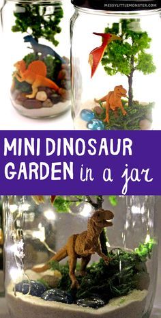 mini dinosaur garden in a jar with text overlay